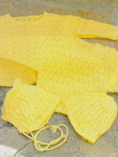 Sweater, cardigan, hat and wing cap