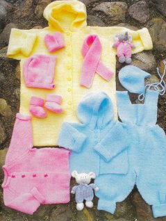 Cardigan, jacket, pants, helmet, hat, mittens without thumbs, socks, scarf, sleeping bag