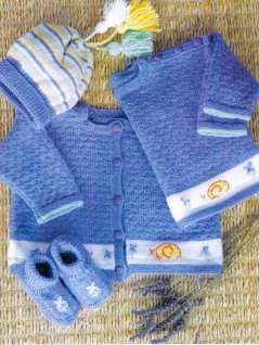 Pullover and cardigan, striped hat and socks