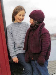 Children's pullover, cardigan, hat, mittens and scarf