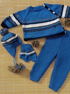Striped sweater, pants, hat and mittens