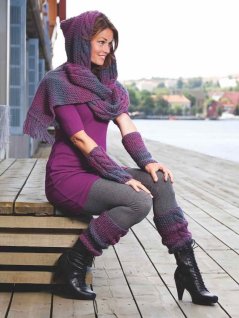 Cable-knit scarf hood, wrist and leg warmers