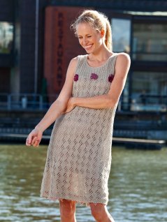 Patterned knitted dress and cardigan with crocheted flowers