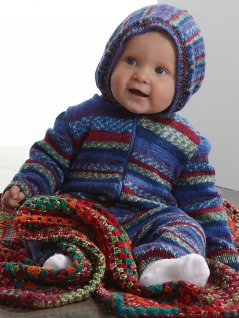 Plain knit overalls and crochet blanket