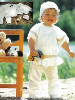 T-shirt, ruffle jumper, tights, cardigan, hat and vest