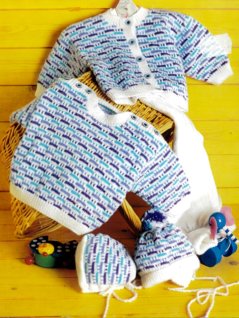 Cardigan, jumper, trousers, hat and cap