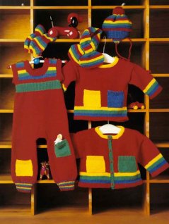 Sweater, cardigan, pants, hat, scarf and mittens