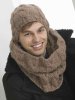 Cable-knit beret, hat, buttoned scarf, scarf polo and mittens