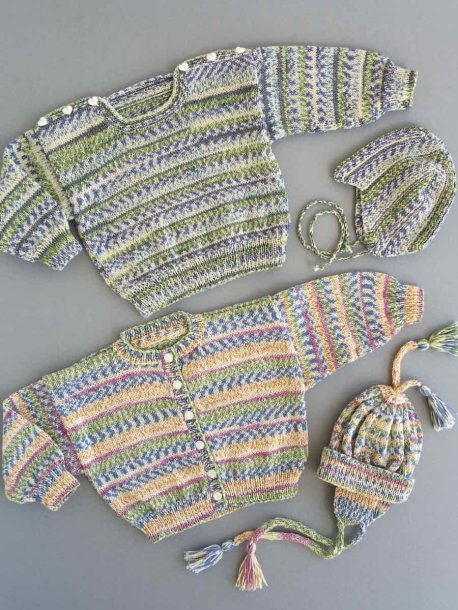 Jumper, cardigan, hat and garter stitch helmet