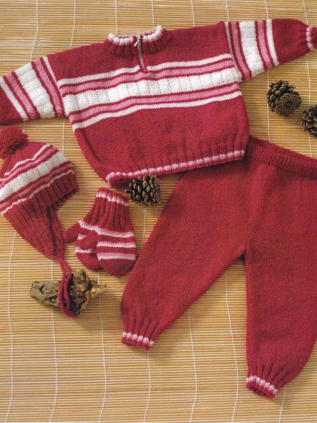 Red striped sweater, pants, hat and mittens