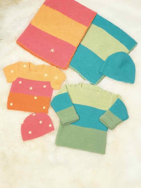 Garter stitch sweaters, hats and blankets