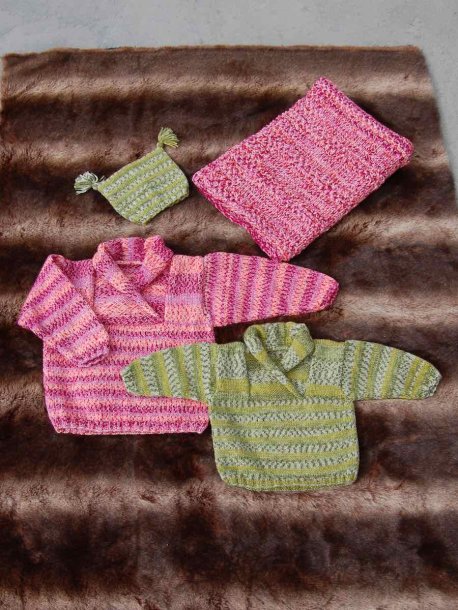 Shawl-neck sweater, hat and blanket