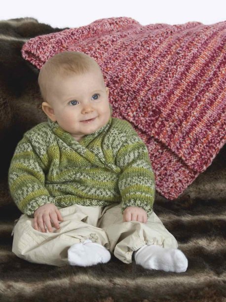 Shawl-neck sweater, hat and blanket