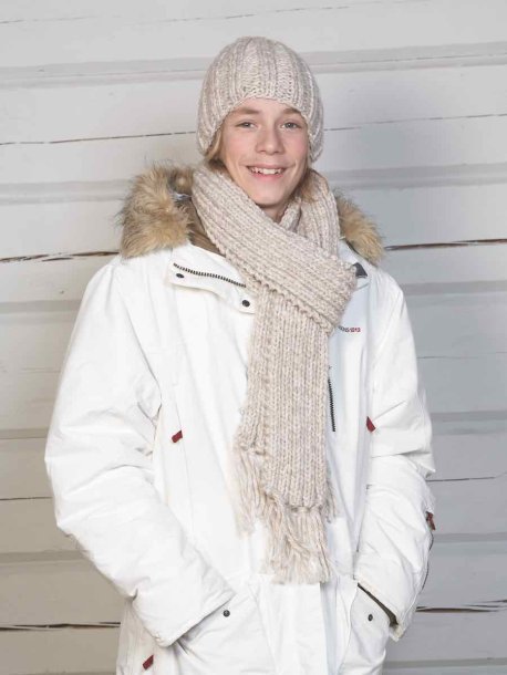 Shawl collar sweater and polo, ribbed knit hat and scarf