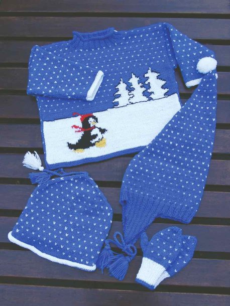 Penguin sweater, hats and mittens