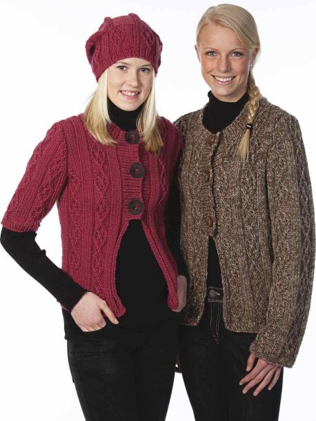 Cable cardigan with short or long sleeves and hat