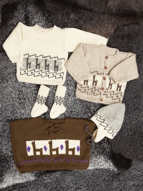 Cardigan, sweater and poncho with llamas, hat and socks