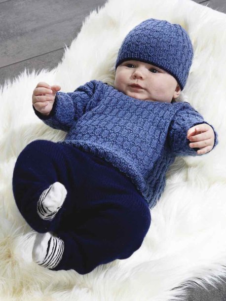Textured knit sweater and hat and plain knit pants