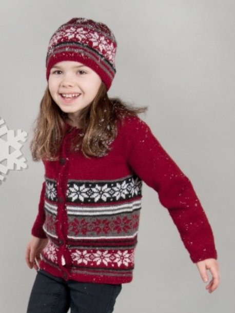 Patterned knitted cardigan and slipover with hat