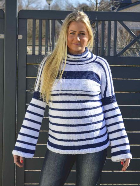 Striped women's sweater with trumpet sleeves