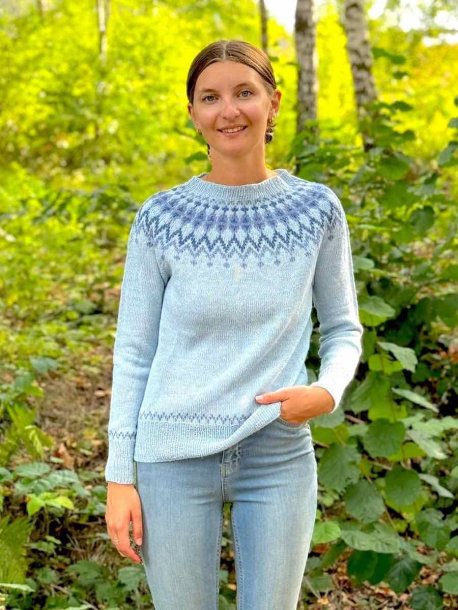 Yoke sweater and cardigan with patterned border